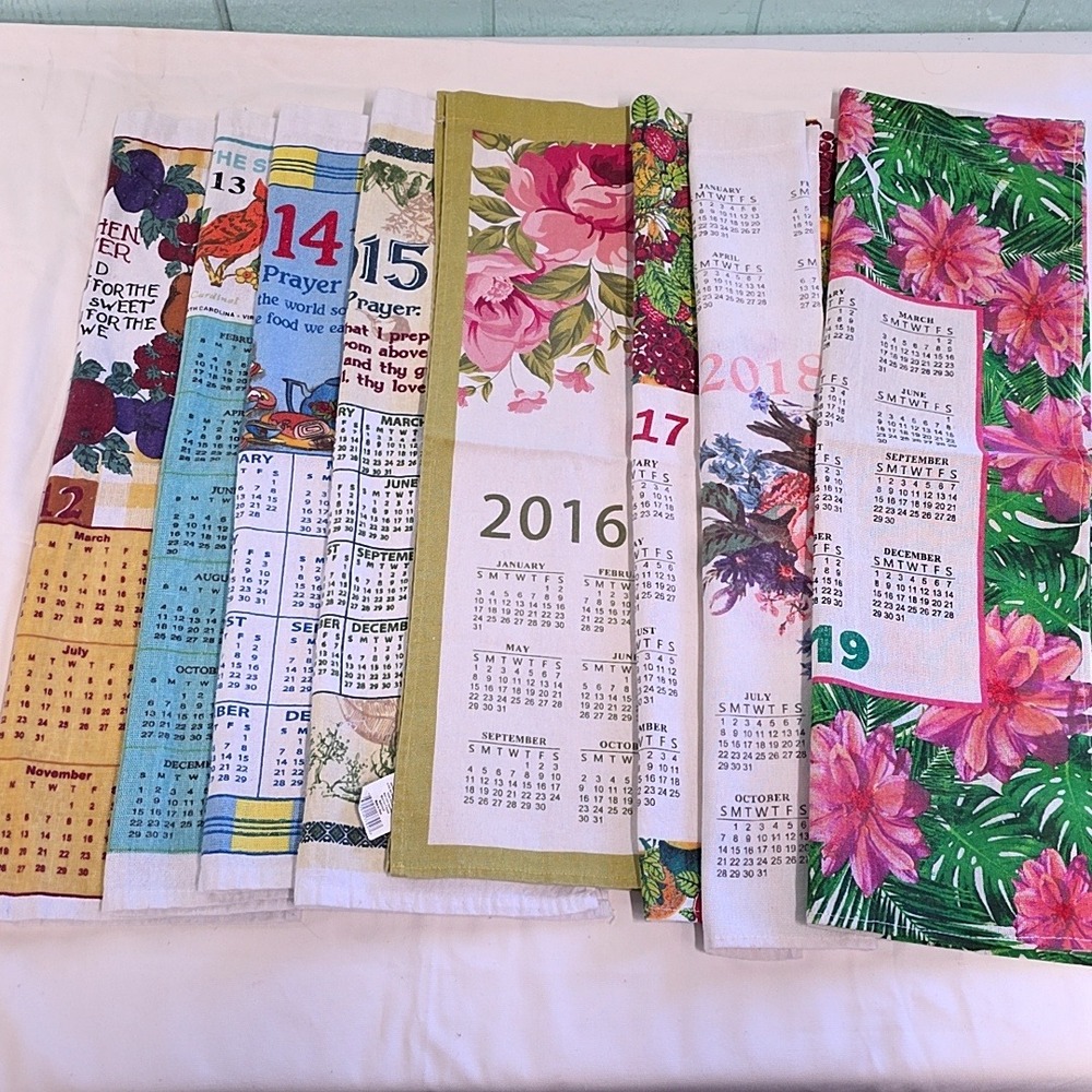 Vintage Calendar Tea Towel Multicolor 2012-2019 Lot of 8 Cottagecore Farmhouse